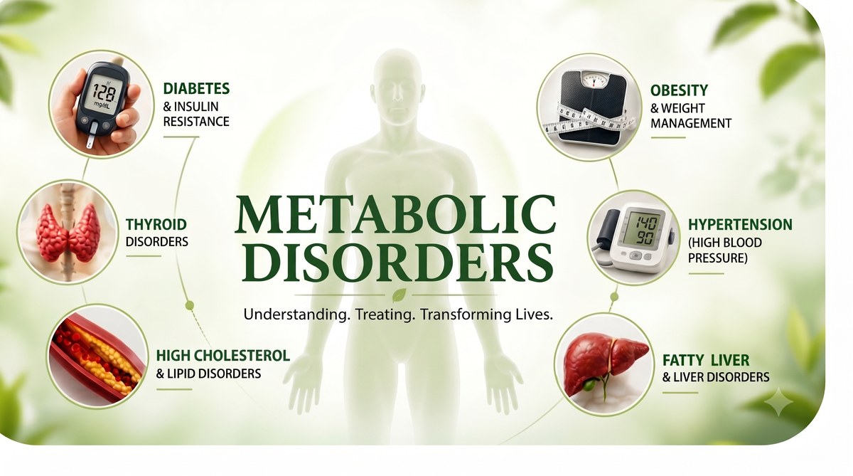 Metabolic disorders treated: diabetes and insulin resistance, thyroid disorders, high cholesterol and lipid disorders, obesity and weight management, hypertension, and fatty liver and liver disorders