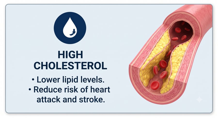 High Cholesterol: lower lipid levels, reduce risk of heart attack and stroke
